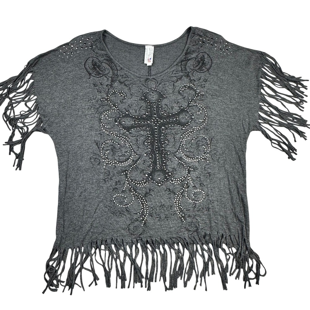 Liberty Wear Womens Gray Rhinestone Cross Fringe Top Large Y2k VTG paper tag USA